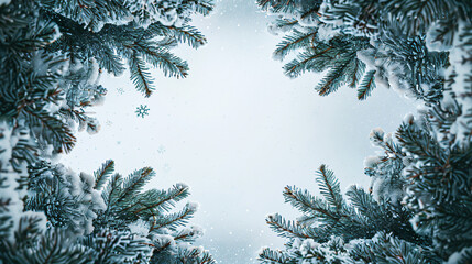 Poster - Winter border with copy space: pine trees covered in falling snow