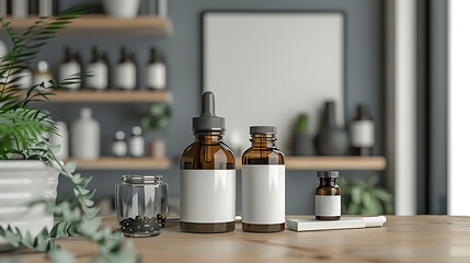 Wall Mural - Four amber glass bottles with blank labels on a wood table, two dropper bottles, one pill bottle and a small bottle, minimalist and modern.