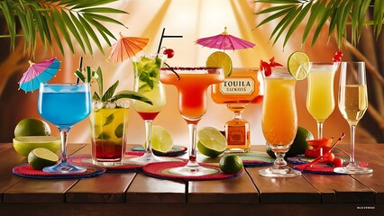 Alcoholic Cocktails. Many drinks beverages Blue lagoon, mojito; tropical Martini, tequila sunrise, margarita, champagne and cognac glass, cocktail umbrella, ch