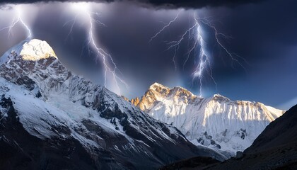 Wall Mural - lightning and snow in the himalayas majestic contrast bolts lighting up snow covered peaks and vast rugged terrain