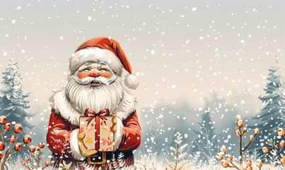 Cute funny Santa Claus is holding a Christmas box. a gift on the background of a winter landscape. New Year cartoon greeting card, Christmas banner. The concept of New Year holidays.