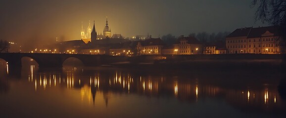 A bridge over a river in the city at night with lights reflecting in the water.