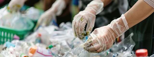 Close-up view of gloved hands meticulously sorting waste for recycling.sustainability, green, eco-friendly, protect, save, International Cleanup Day