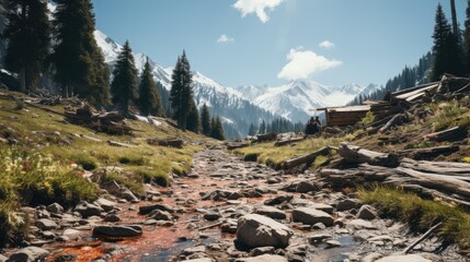 Wall Mural - Clearing in the snowy mountains on a bright day for outdoor adventures and hiking 