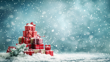 Poster - Pile of christmas presents on a snowy surface with falling snow and copy space on a blue background