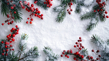 Poster - Christmas border consisting of fir branches and red berries on snow, providing ample copy space