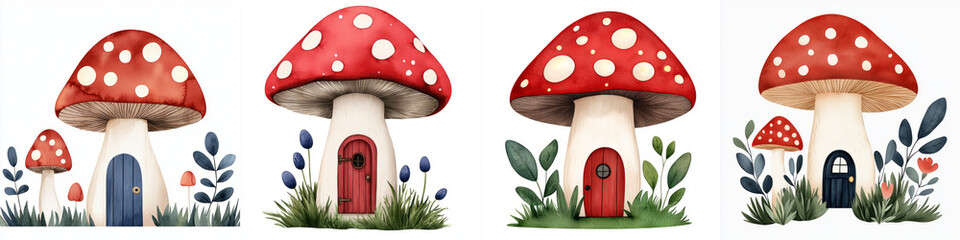 Mushroom houses with colorful doors and whimsical designs create magical atmosphere. These charming illustrations feature red mushrooms with white spots, surrounded by lush greenery.