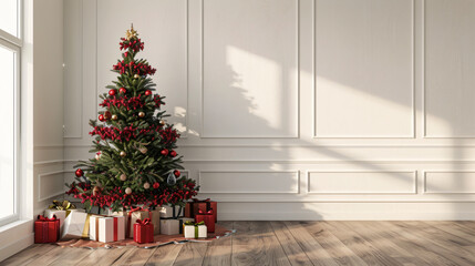 Aufkleber - Christmas tree decorated with red and gold ornaments standing in a classic living room with gifts under it