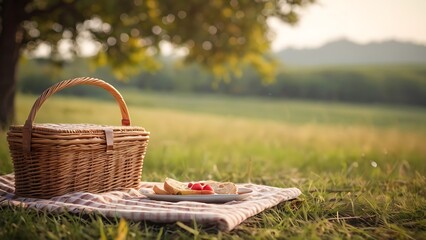 picnic basket with tablecloth on grass meadow landscape background