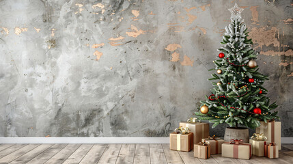 Aufkleber - Festive atmosphere: golden baubles adorned christmas tree in an empty room with a grunge wall