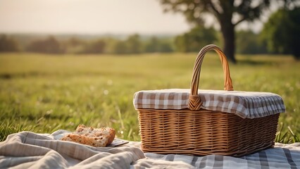 picnic basket with tablecloth on grass meadow landscape background