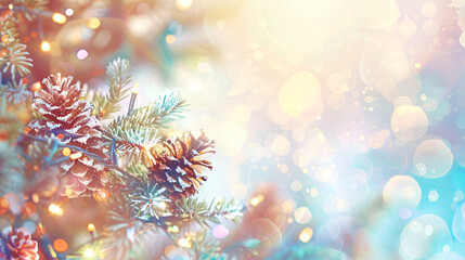 Festive holiday background with christmas tree branch adorned with pine cones and sparkling lights