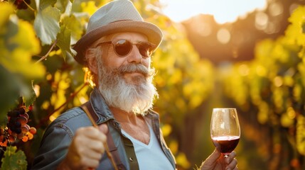 A fashionable senior male holding a glass of wine in grape plantation field