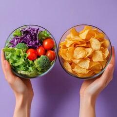 Wall Mural - Healthy Salad vs Junk Food Chips in Contrasting Hands