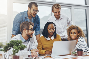Aufkleber - Creative, people and meeting with laptop in office for project research, brainstorming and finance information. Staff, teamwork and digital to review budget, kpi report and profit growth of company