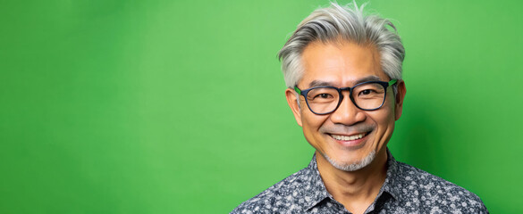 Portrait of cheerful older Asian man with grey hair and glasses smiling warmly on bright green background. Copy space for text.