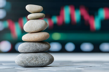 Wall Mural - Investment balance concept, diversify your investments across a variety of assets to reduce risk and increase returns or profit, balanced stack of rocks and stock chart.