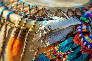 Wall Mural - Intricate Native American Headdress with Vibrant Feathers and Beadwork Resting on Ceremonial Drum