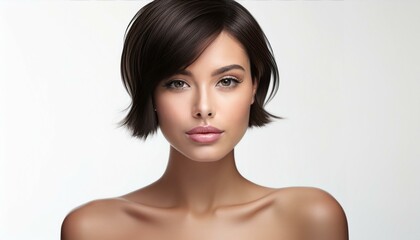 studio portrait of a brunette short haired woman with nude shoulders on a white background	
