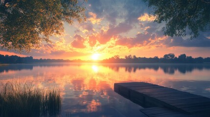 Wall Mural - Sunset view over a calm lake with reflections of the sky, trees, and a small dock. 