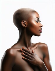 Wall Mural - studio portrait of a black woman with shaved hair and nude shoulders on white background	
