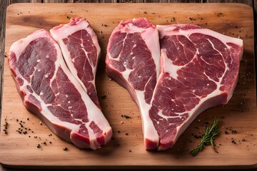 A pair of raw t-bone steaks with visible marbling resting on a rustic wooden surface, AI Generated