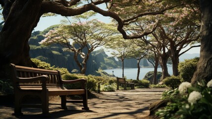 Beautiful green park near the lake with a bench