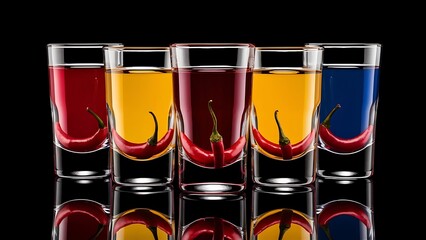 Five multicolored shot glasses full of drink and with the red chili peppers lying inside them symmetrically placed a black background. Conceptual, commercial and advertising photo. Copy space.