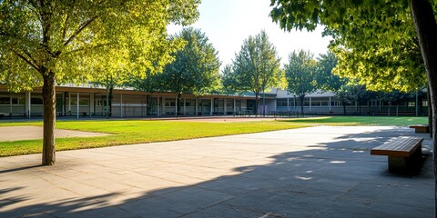 Canvas Print - Empty schoolyard, nobody. Background for school website, school grounds landscaping for events.