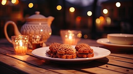 Wall Mural - Close up Arabic meal on wooden table with dates and lamp at night of Iftar party, Muslims Ramadan food after fasting festive at Islam home dawn sunset  