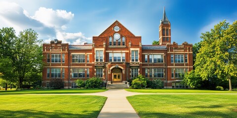 Sticker - Classic American School Building Exterior: Iconic Architecture in the Heart of the USA