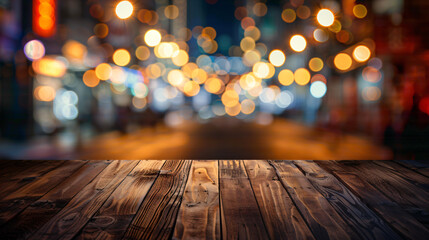 Blurred city lights at night background on an empty wooden tabletop, ideal for showcasing your product