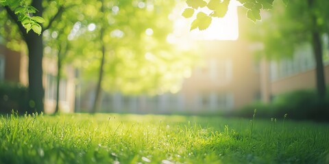 Wall Mural - vibrant green school yard in soft morning sunlight: a defocused photo with bokeh effect