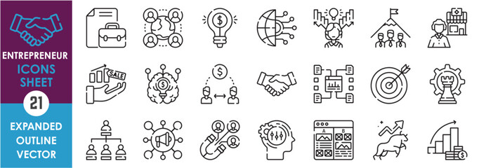 Wall Mural - A set of line icons related to Entrepreneur. Businessman, job, investment, goal, target, global, strategy, mind, teams, and so on. Vector outline icons set.