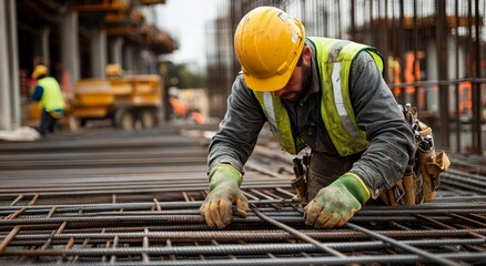 construction worker installing rebar for concrete foundation