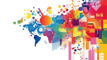 Wall Mural - Abstract colorful graphic design with world map, shapes, and dots.