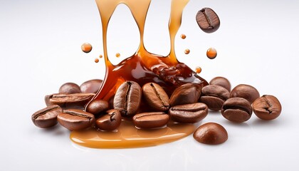 Wall Mural - a close up of coffee beans and syrup on a white surface perfect for food photography or packaging design