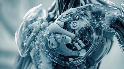 Poster - A close-up of a robot's heart valves, with focus on the mechanical joints and fluid pathways.