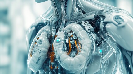 Poster - A close-up of a robot's lung system, with focus on the air filtration units and synthetic bronchial tubes.
