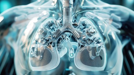 Poster - A close-up of a robot's lung system, with focus on the air filtration units and synthetic bronchial tubes.