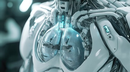 Poster - A close-up of a robot's lung system, with focus on the air filtration units and synthetic bronchial tubes.
