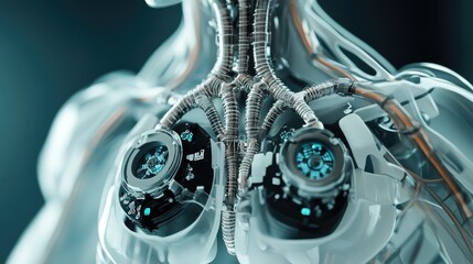 Poster - A close-up of a robot's lung system, with focus on the air filtration units and synthetic bronchial tubes.