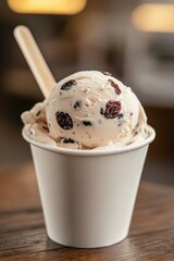 Ice cream decorated with raisin grains