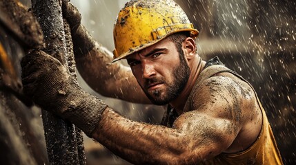 Construction Worker in the Rain Covered in Mud Hard Labor Safety Helmet