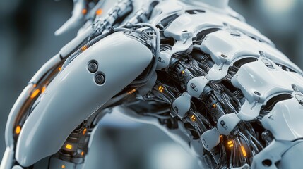 Poster - A close-up of a robot's spine, showcasing the metal vertebrae and electrical conduits with sharp focus on the joints.