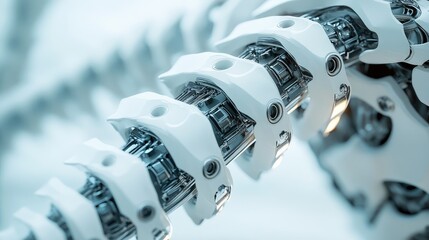 Poster - A close-up of a robot's spine, showcasing the metal vertebrae and electrical conduits with sharp focus on the joints.