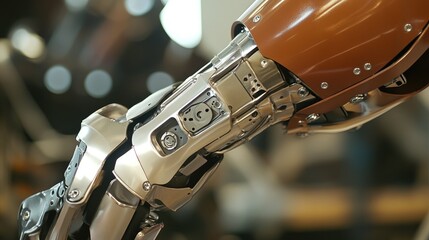 A close-up of the attachment point of a prosthetic leg, focusing on the connection and materials used.