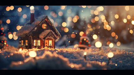 Poster - Cozy wooden cabin adorned with christmas lights shining in the snowy night