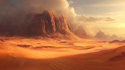 A vast desert landscape with towering red rock formations at sunset.