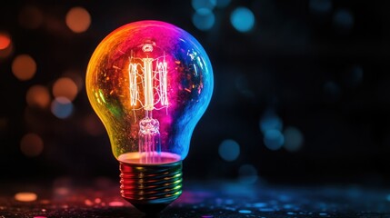 a colorful glowing idea bulb lamp, visualization of brainstorming and creative thinking 